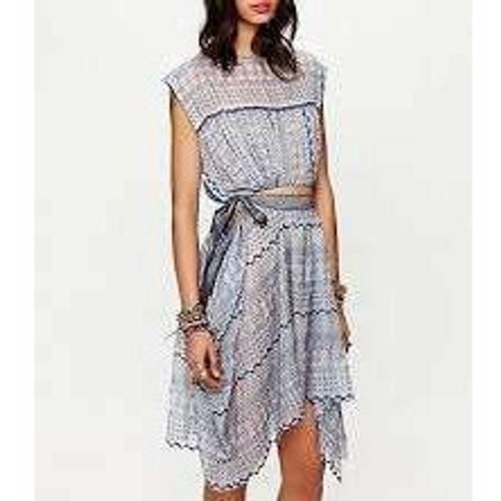 Free People New Romantics Dress XS Blue Geometric Embroidered Asymmetrical Boho